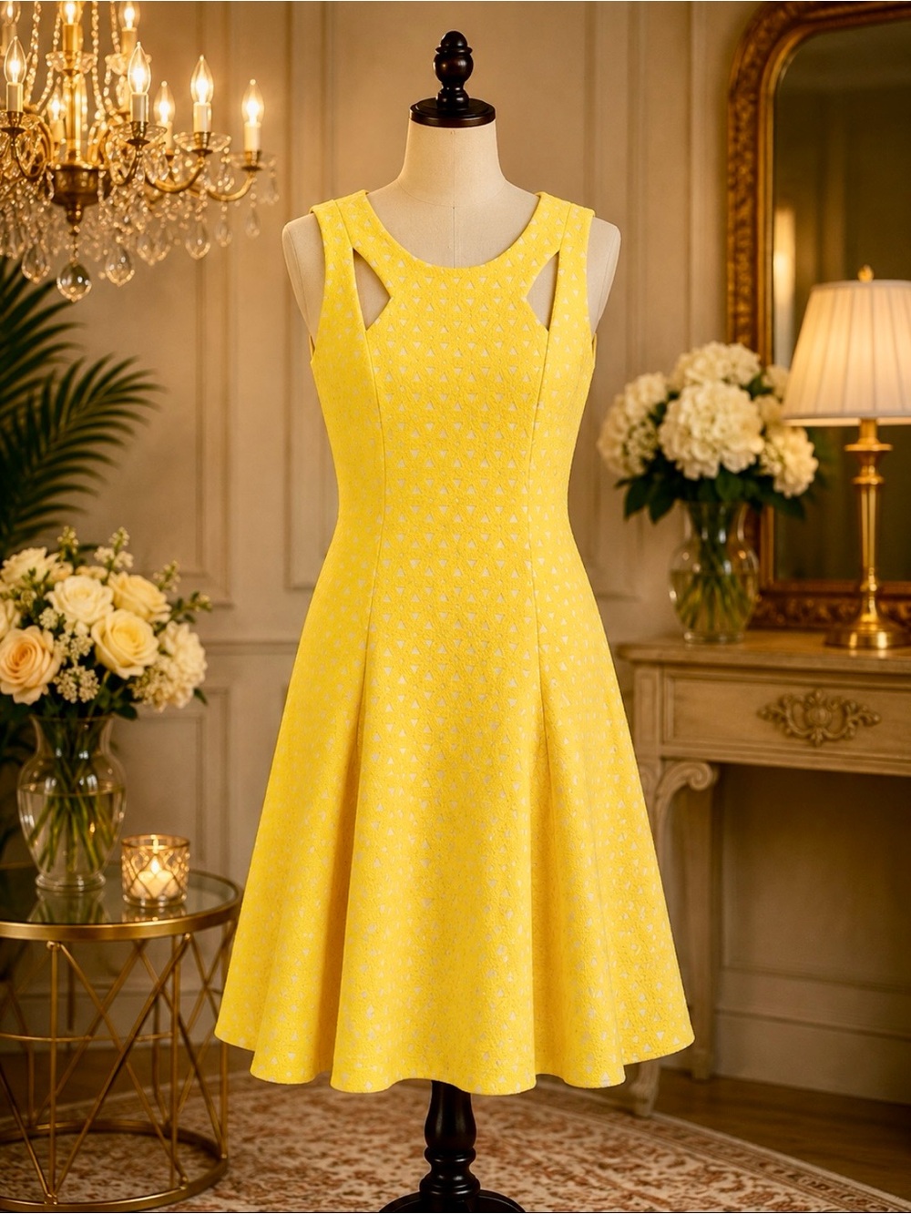 Elie Tahari Bright Yellow Sleeveless Cutout Fit-and-Flare Midi Dress